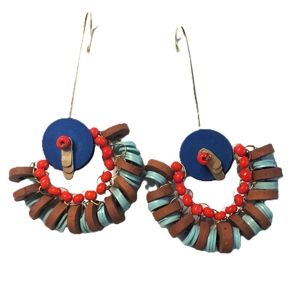 Artisan Beaded Dangle Statement Earrings 14K GF Red Blue